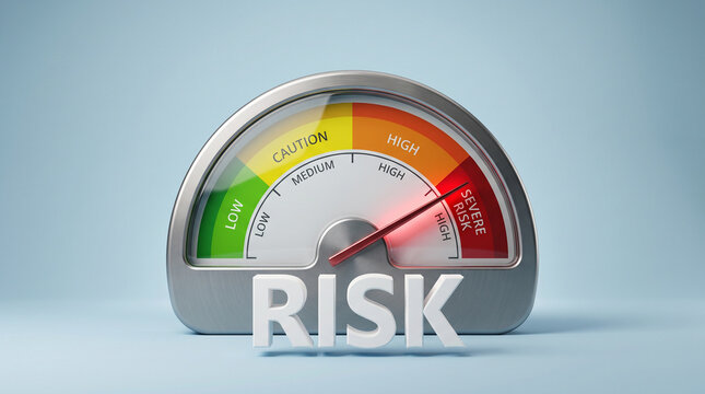 Risk gauge meter showing a high to severe risk level with a needle pointing towards the red zone, conceptual 3d illustration of financial or safety assessment