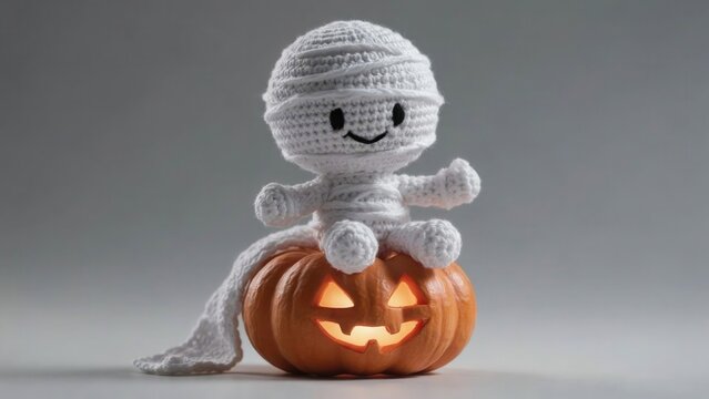 Crochet mummy doll sitting on a glowing pumpkin
