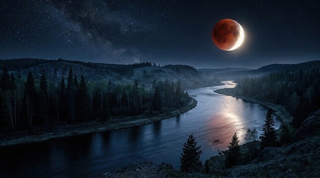 Blood moon illuminates the dark winding river amidst a vast starry sky above the misty pine forests at night time