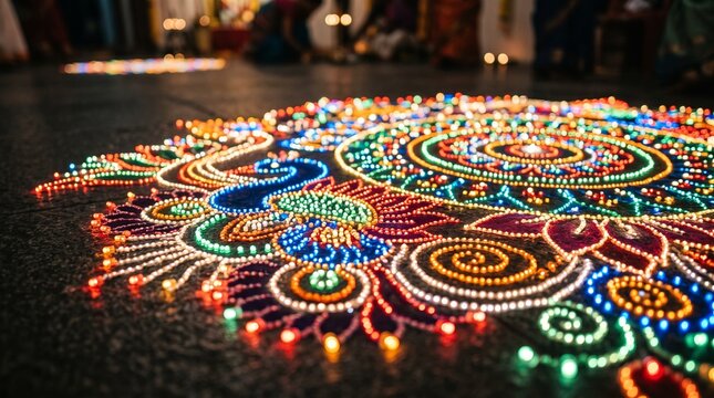 detailed Macro photo of glowing led rangoli pattern 2k showing abstract micro structural details and textures with professional studio lighting