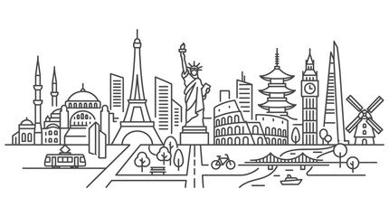 Obraz premium global cityscape outline illustration featuring world famous landmarks symbolizing international travel destinations and tourism.