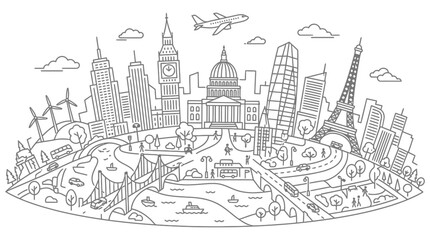 Obraz premium global city travel urban landscape line art illustration of famous landmarks modern architecture and sustainable energy depicting a connected world