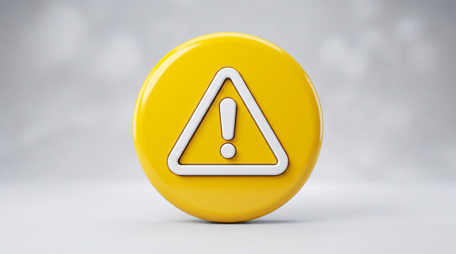 3d render of a yellow circular button with a white warning triangle icon featuring an exclamation mark, isolated on white background
