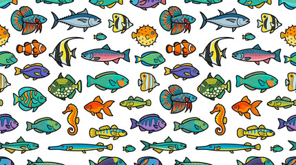 Obraz premium colorful cartoon fish seamless pattern illustration of diverse marine life swimming on white background perfect for kids designs.