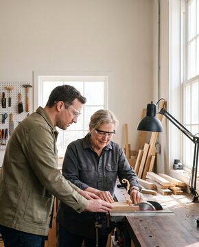 Young man showing an older woman how to use a workbench in a makerspace