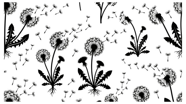 seamless dandelion pattern with blowing seeds black and white floral background illustration for spring and summer design projects
