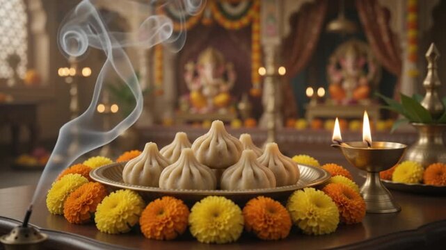 Ganesh Chaturthi Festival Modak Offering with Diya Lamps and Incense Smoke 4K Indian Cultural Celebration Footage