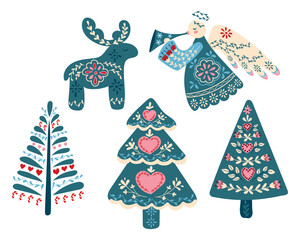 Naklejka premium Colorful Christmas-themed illustration featuring a reindeer, angel, and decorated trees with floral patterns and hearts, ideal for holiday designs and seasonal decorations