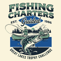Fototapeta premium Fishing charters guided vintage print design for t shirt. Great lakes trophy challenge. Outdoor adventure artwork.. Outdoor adventure vintage print de