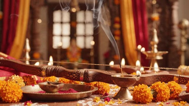 Traditional Dussehra Vijayadashami Festival Ritual with Bow and Arrow, Sacred Oil Lamps and Incense Smoke 4K Cultural Celebration Footage