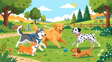 Naklejka premium Five dogs playing together in a sunny park