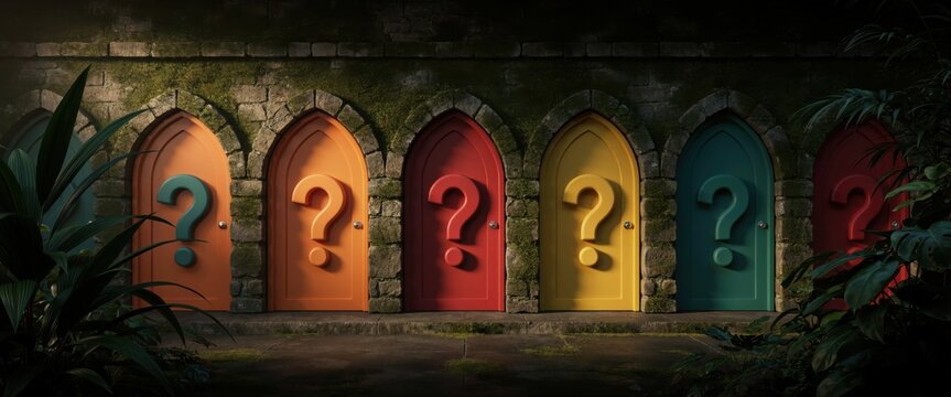 Colorful mystery doors in an old stone wall