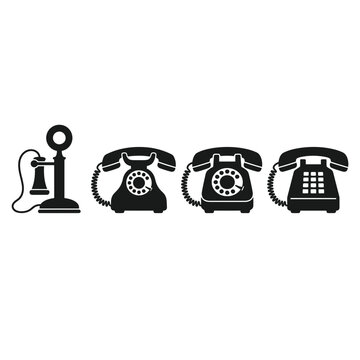 Vintage telephone collection showing communication evolution via retro phone icon sets and antique telecommunication landline history.