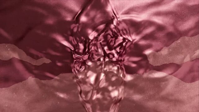 Abstract background featuring symmetrical liquid reflection, dark burgundy and rose tones, flowing textured mound, curved metallic edge, mirrored organic forms, pink pattern, reflective depth