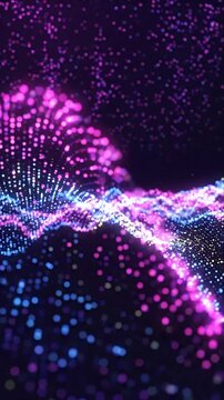 Abstract digital background featuring vibrant purple particle wave with colorful pink blue green light, luminous glow, futuristic flowing landscape, atmospheric depth, dynamic motion, and energetic
