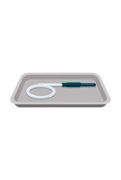 Hand-drawn vector illustration of a curved saliva ejector tube resting on a flat dental tray, featuring a soft teal suction tip and flexible tubing in a clean, isolated medical icon style suitable