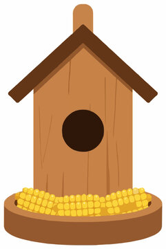 Hand-traced wooden birdhouse vector icon illustration featuring a rustic brown feeder with peaked roof and circular entrance hole, filled with bright yellow corn cobs nestled on a wooden tray base