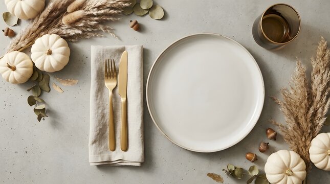 A beautifully styled thanksgiving table setting featuring neutral tones pumpkins and elegant gold cutlery creating a warm and inviting atmosphere for a festive fall