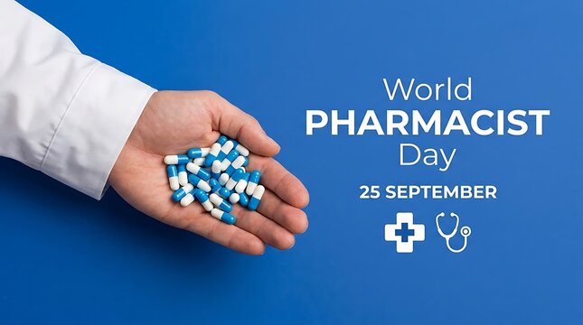 World Pharmacist Day greeting concept featuring hand with blue medical pills and stethoscope logo on blue surface