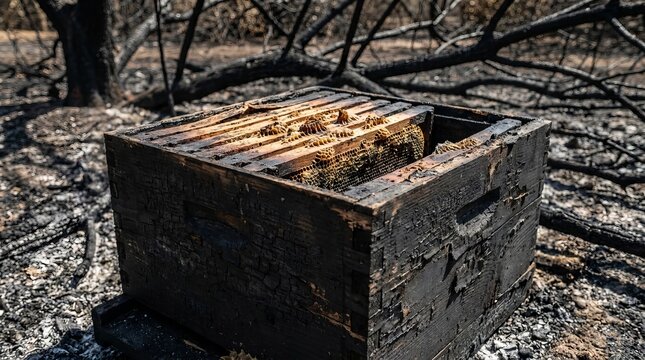 A wooden beehive box resting in a field of ash and branches.
