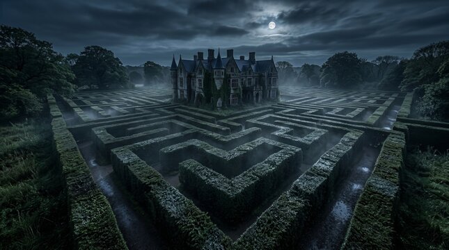 Gothic mansion engulfed by misty maze on foggy moonlit night creating mysterious, eerie atmosphere for horror themes and supernatural stories.