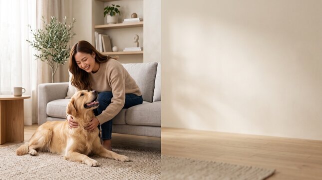 Happy young woman playing with her golden retriever dog in a modern minimalist living room, featuring a large empty copy space on the right for text and advertising design, soft natural lighting, prem