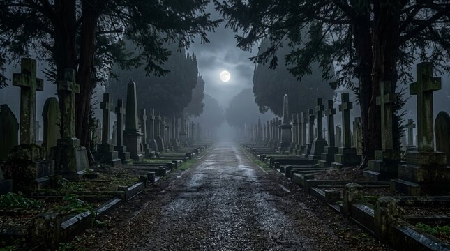 long pathway lined with ancient tombstones and crosses in a foggy cemetery, illuminated by soft moonlight, creating a solemn and atmospheric scene.