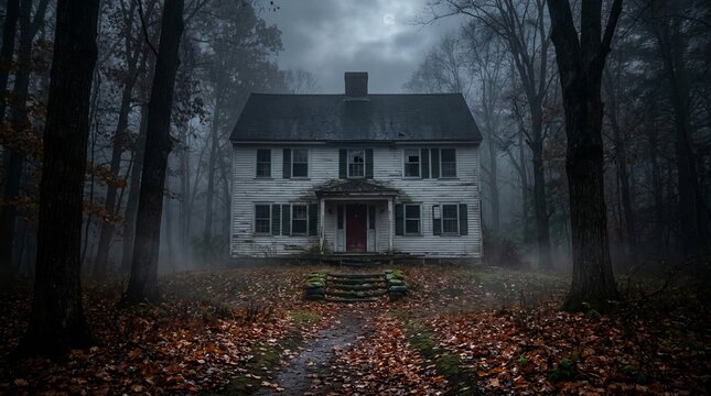 Abandoned white house surrounded by dark trees and fog under a full moon evokes a scary and mysterious haunted atmosphere perfect for horror.