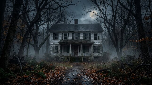 Creepy old white house in dark foggy woods under full moon creating a haunted atmosphere ideal for horror stories and scary themes.