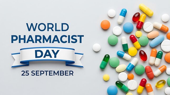 World Pharmacist Day greeting background with colorful capsules, tablets, ribbon badge, and 25 September text