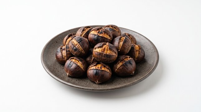 Roasted chestnuts served on a gray plate against a white background  
