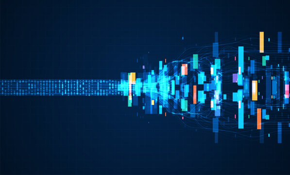 Big data visualization. Social network, financial analysis of complex databases. Data mining. Vector technology background. Information analytics concept.