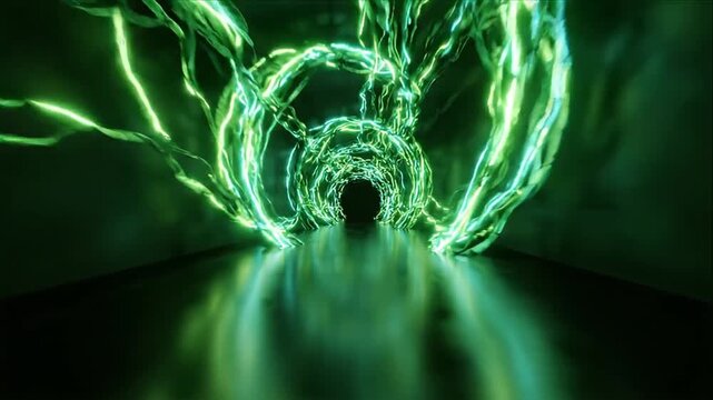 Abstract Neon Green Energy Tunnel Background with Luminous Wave Light, Glowing Electric Reflections, Futuristic Corridor, Reflective Floor, Dramatic Motion, Depth, Technology Design, Visual Atmosphere