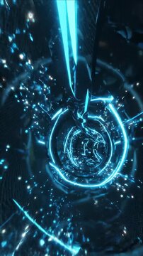 Abstract blue light reflection background with glowing circle geometry, radiant energy particles, neon tunnel, luminous vortex, futuristic depth, reflective metallic shards, and dramatic digital