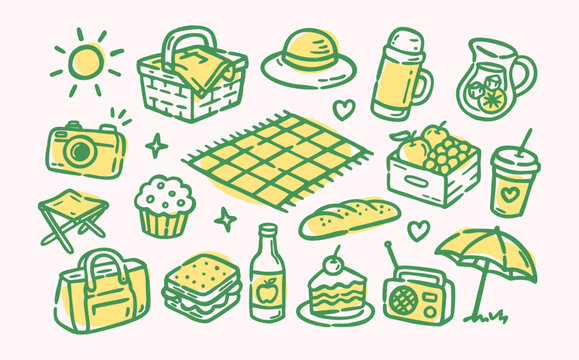 Hand drawn picnic doodle element set with summer outdoor essentials, food, drinks, accessories, and nature details in a simple colorful line art style
