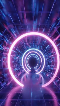 Abstract Neon Tunnel Background with Glowing Circular Ring, Reflective Grid and Floor, Futuristic Blue Pink Light Creating Immersive Digital Depth and Technology Design