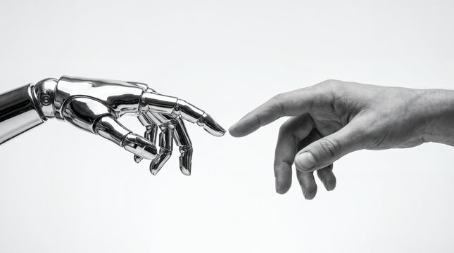 Close up of a robotic hand and a human hand, their metal hand fingers almost touching, depicting robot technology and human robot interaction on a white background.