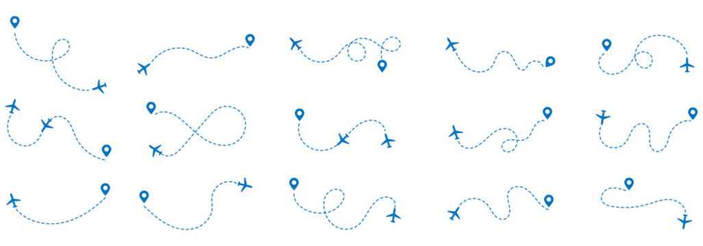 Airplane line path icon of air plane flight route dash line trace with start point. Simple airplane travel line path with map pins. Airplane Route Icon Set with Dotted Flight Path Lines. 