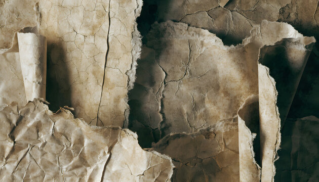 Vintage textured parchment and torn antique papyrus paper. Ancient manuscript backdrop texture. Close-up of cracked weathered beige parchment sheets with rolled frayed edges