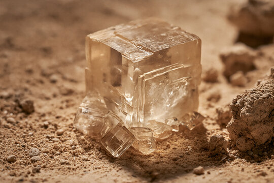 A translucent halite salt crystal sits on desert sand under warm sunlight. Natural mineral sample for geology and science education.