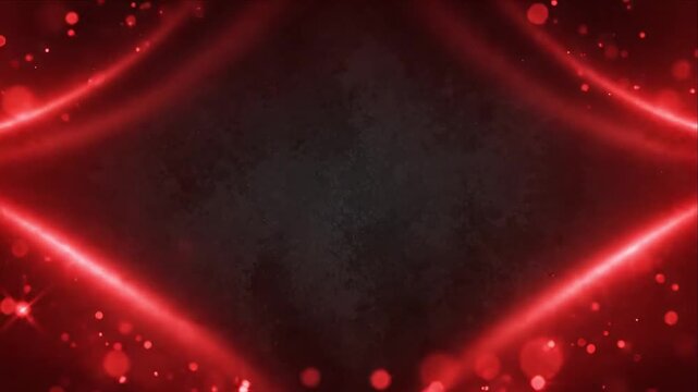 Red Abstract Glow Light Background with Geometric Lines, Luminous Particle Sparkle, Curved Waves, Soft Bokeh, and Symmetrical Futuristic Atmospheric Design for Digital Presentation
