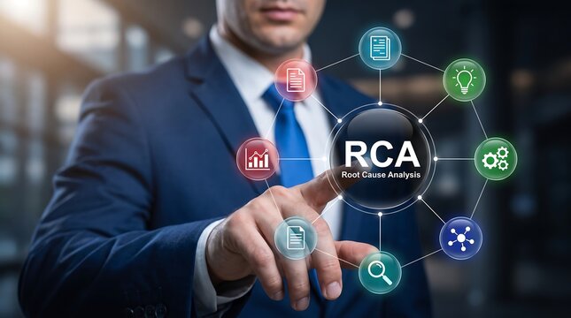 Professional Businessman Interacting with RCA Root Cause Analysis Digital Interface for Corporate Problem Solving Tool