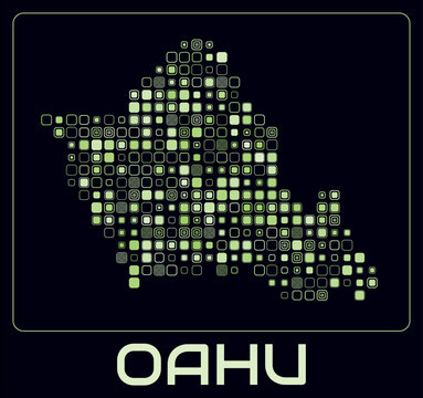 Oahu digital style map. Large roundedSquare dots on dark background. Dotted shape of the island. Oahu map and title. Classy vector illustration.