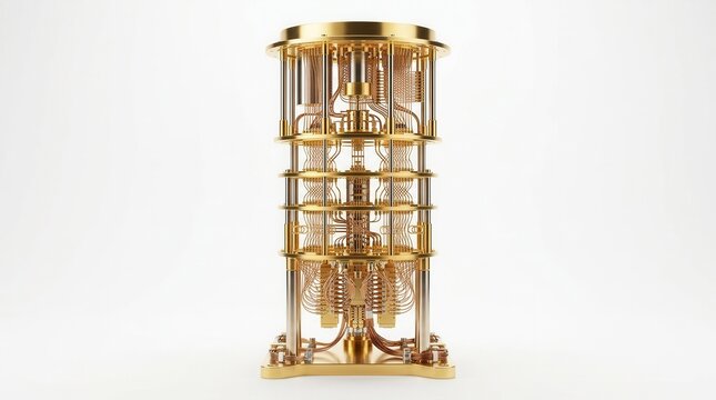 A golden quantum computer machine isolated on a white background.