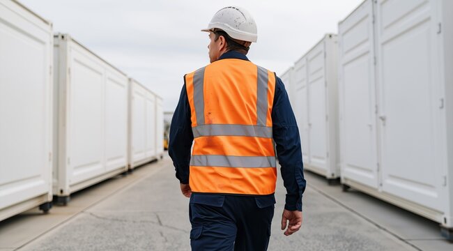 Male Logistics Worker in Safety Vest and Hardhat Walking Between White Cargo Containers Concept of Supply Chain Freight and Industrial Safety