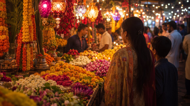 Indian Woman with Son Shopping at Vibrant Flower Market Decorated with Garlands and Lanterns During Diwali Festival Preparation