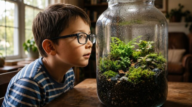Curious Young Boy Wearing Glasses Inspecting Green Plants Inside Glass Jar Terrarium At Home Concept Of STEM Education Botany Project And Child Curiosity