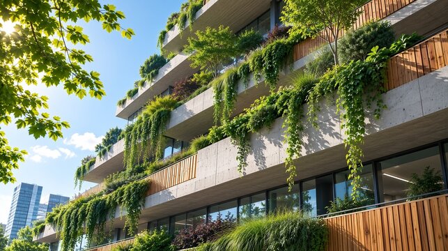 Modern Green Eco Friendly Architecture Building Facade with Green Balconies Vertical Forest Plants and Trees in City Concept of Sustainable Real Estate and Biophilic Urbanism