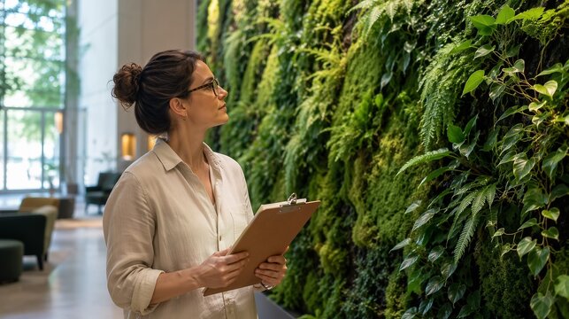 Female Environmental Specialist Holding Clipboard and Inspecting Vertical Living Wall in Modern Corporate Office Lobby, Biophilic Design and Eco Friendly Workplace Concept