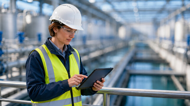 Female Industrial Engineer Wearing Hardhat and Safety Vest Using Digital Tablet at Modern Water Treatment Plant Concept of Smart Industry 4.0 and Environmental Management
